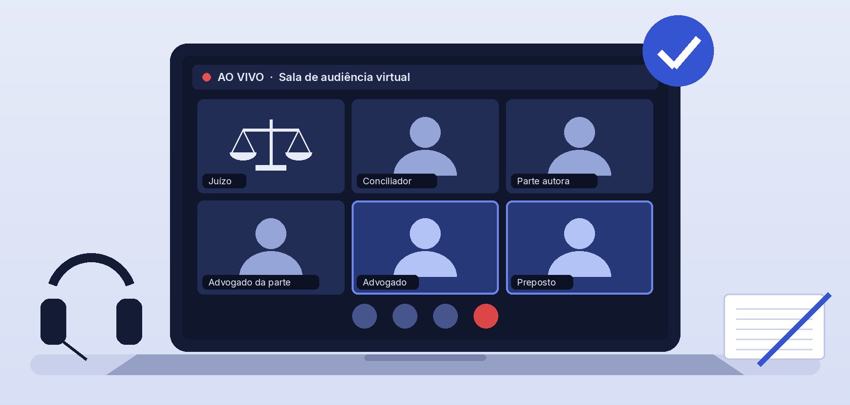 Ilustração de uma sala de audiência virtual em um notebook, com quadros do Juízo, conciliador, partes, advogado e preposto